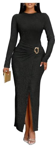 GORGLITTER Women's Ruched Bodycon Pencil Wrap Long Dresses Metal Ring Long Sleeve Crewneck Elegant Cocktail Dress