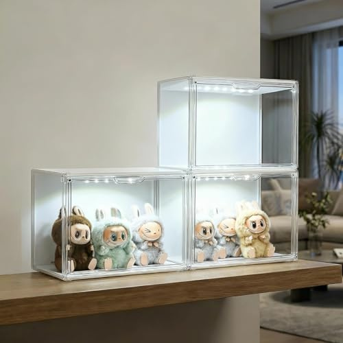 GUDEMAY Clear Stackable Plastic Storage Bins with Magnetic Lid (Transparent, Transparent with light-L-3 Pack)
