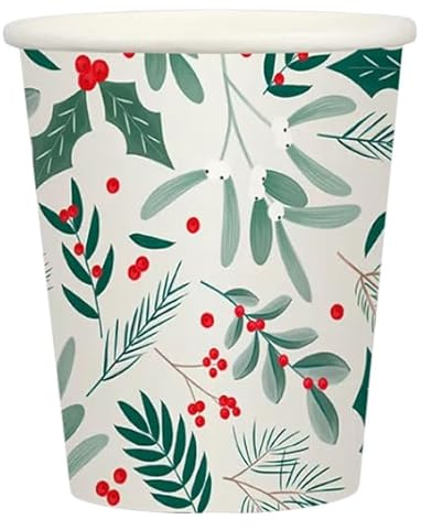 Christmas Holly Berry Paper Cups, 20 Pack, Festive Party Disposable Cups with Mistletoe Leaf Design