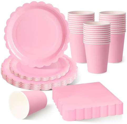 120 Piezas Rosa Pálido vajilla desechable cumpleaños para 30 Invitados | 18 y 23 cm platos carton ondulados, vasos de papel, servilletas, baby shower niña, cumpleaños romántico, fiesta entre amigas.