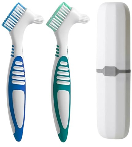 YAZWUR Lot de 2 brosses de nettoyage pour prothèses dentaires, brosse à dents double face avec poils modérés et multicouches, brosse pour dentier avec étui de rangement portable