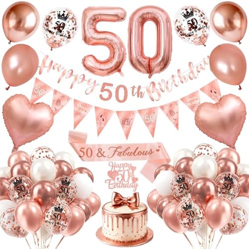 Rose Gold 50th Birthday Decoration for Women, Rose Gold Balloons with 50 Happy Birthday Banner, Birthday Sash, Cake Topper,50 Foil Balloons for 50th Birthday Party Decoration
