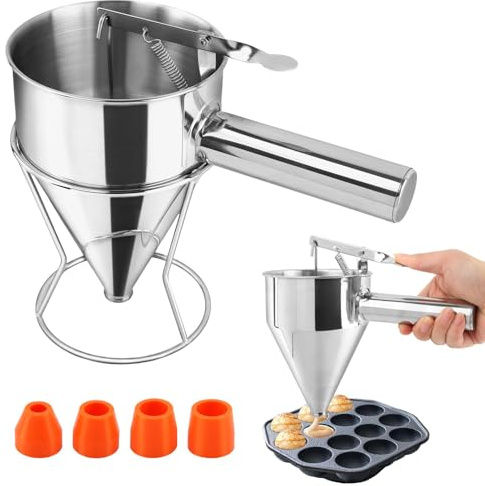 Cake Batter Dispenser, Stainless Steel Funnel Pancake Dispenser with 4 Silicone Nozzles with Stand Baking Tool for Cake Pancakes Cupcakes Muffins Crepes Waffles(40oz/1200ml)