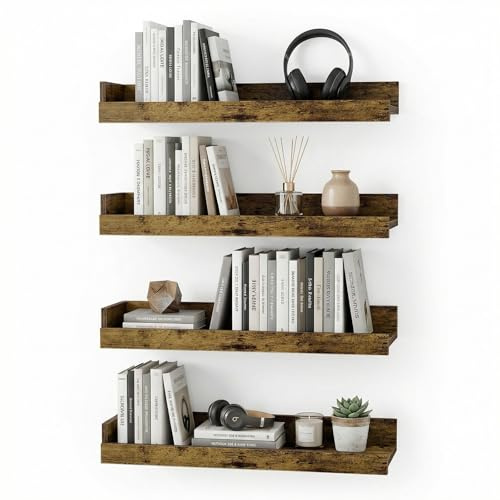 PURELLEL Étagère Murale 4 Pièces Vintage Marron 40 cm – Lot de 4 Tablettes Flottantes Aspect Bois pour Organisation Murale – Idéal pour Salon, Cuisine, Entrée