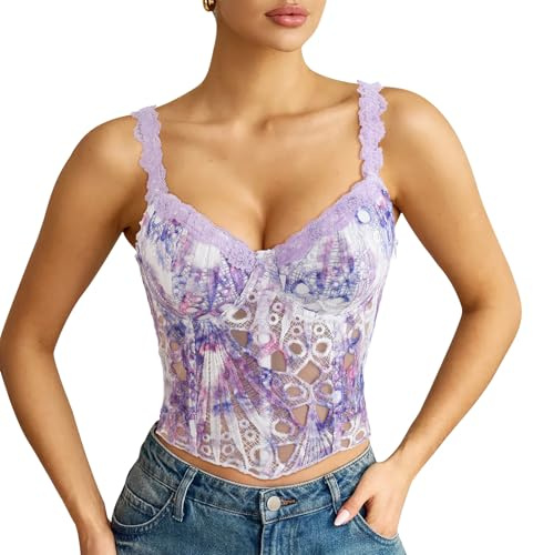LEACOOLKEY Corsetto da Donna in Pizzo Bustier Sexy Trasparente a Fiori Top Corto Elegante in Rete con Lacci Corpetto Top Modellante per Uscite, Appuntamenti, Feste e Festival Musicali