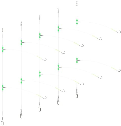 Realure 5pcs Sea Fishing Flapper Rigs, Pre-Tied Shore Fishing Rigs | Includes 1/0#-3/0# sizes with 80lb main line, 30lb snoods, luminous attractors for cod, bass and flatfish.
