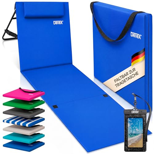DETEX® Strandmatte gepolstert, mit klappbarer Rückenlehne, Blau | 600D Oxford-Gewebe, polsterung, Tragegurt, Reißverschlusstasche und spritzwassergeschützter Handyhülle
