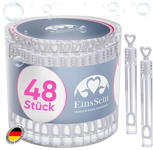 EinsSein Seifenblasen Hochzeit Herzgläschen Box Weiss 48 Stück | Gastgeschenke für die Hochzeit Taufe Geburtstag Verlobung | Keine Flecken auf Kleindung | Mini Hochzeitsseifenblasen Herz Herzgriff