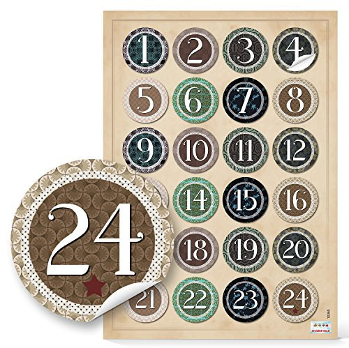 Zahlenaufkleber Adventskalender, 24 Stück: Zahlen Sticker 1 bis 24, Kalender Zahlensticker zum Aufkleben, Aufkleber Weihnachten & Advent, Adventskalenderzahlen, Etiketten Ziffern, Nummern Rund, Ø 4 cm
