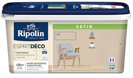RIPOLIN - Peinture Intérieure Multi-Supports – Murs, Boiseries & Radiateurs – Ultra-Couvrante – Lessivable – Application Facile – Ecolabel - Satin - 2,5L - Lin