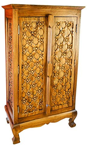 Akazie Massivholz Schrank BO SANG II - 100x58cm Kommode aus Akazien Holz mit Schnitzereien in Türen und Seiten (kolonial)