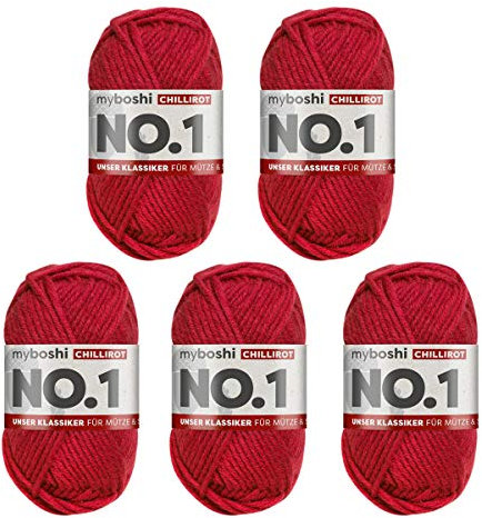 myboshi No.1 Wolle zum Häkeln und Stricken, Schnellstrickgarn, langlebige Mützenwolle, Strickwolle, Häkelwolle, mulesing-frei, 50g, Ll 55m Rot (Chillirot) 5 Knäuel