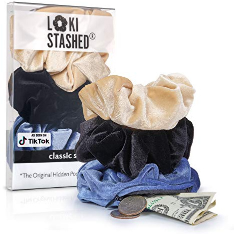 3-PACK Velvet Hair Tie Scrunchies for VSCO Girls & Women, THE ORIGINAL HIDDEN POCKET SCRUNCHIE with Zipper Pocket Storage, Accessories, Small Items, Keys, Money - Navy, Tan, Black Color