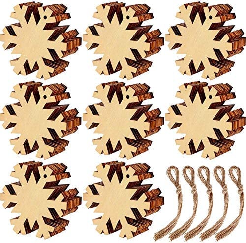 KAHEIGN 60 Pz Ornamenti Natalizi in Legno, Forma Di Fiocco Di Neve Ornamenti Di Legno Della Fetta Per L'albero Di Natale Di Capodanno - Con 60 Pezzi Di Cordini Per Appendere