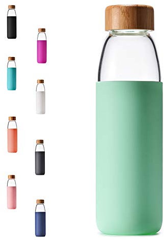 veegoal Botellas de agua de vidrio borosilicato de 25 onzas con tapa de bambú, sin BPA, funda de silicona antideslizante y tapa de acero inoxidable a prueba de fugas, botella de vidrio reutilizable