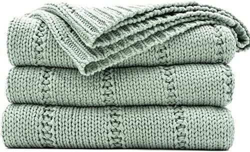RECYCO Cable Knit Throw Blanket for Sofa Chair Couch Bed, sofa throw, bed throw, Sage Green, 203x152cm