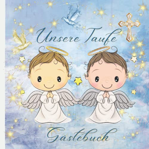 Unsere Taufe Gästebuch: Für Zwillinge in Blau perfekt für Jungen,Taufe Geschenk,Erinnerungsbuch für Glückwünsche,80 Seiten hübsch dekoriert,Fingerabdruck Baum,Vollfarbiges Interieur