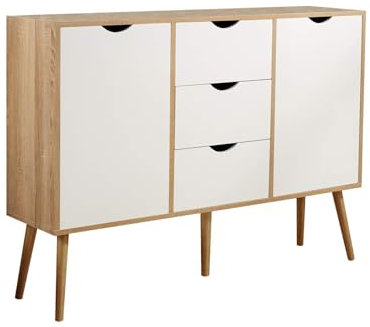 Home Source Sideboard Storage Cabinet, 2 Door, 3 Drawer Cupboard, Solid Wood Legs, Oak Effect White, Scandi Style