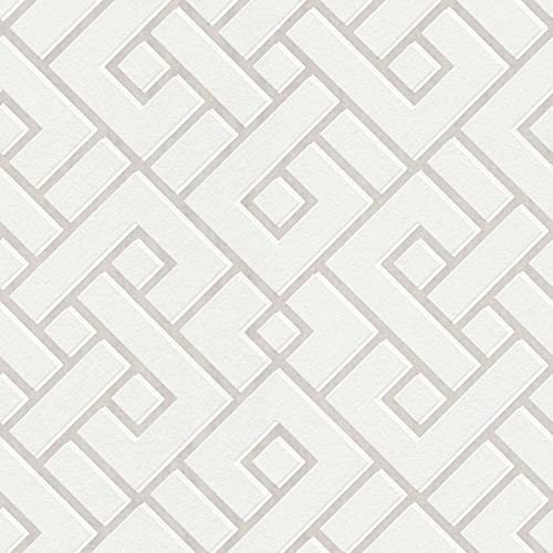 Papier peint géométrique gris & blanc crème | Tapisserie design grise & blanche chambre adulte | Papier peint bureau & couloir