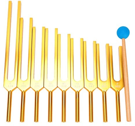 FOUF Stimmgabel-Set, Aluminiumlegierung, 9 Stimmgabeln mit Silikonhammer für DNA-Heilung und Klangtherapie, Gold