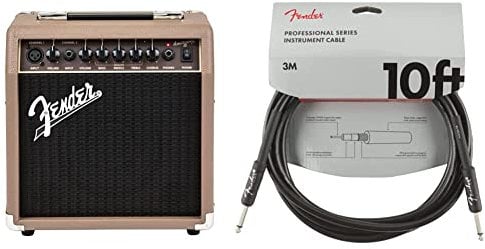 Fender Acoustasonic 15 Acoustic Guitar Amplifier & 990820025 Professional Series Instrument Cable - 10 ft - STR/ANG - black, 3 metre