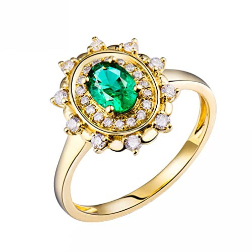 18K Gold Ring, Engagement Ring Gold Grün VS Blumenform 0,5 ct Ovaler Smaragd mit 0,24 ct Diamant Ringe Verlobung Geschenk für Frauen Größe 53 (16.9)