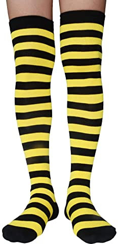 AUSUAYA Gestreifte Oberschenkelhohe Socken für Damen, Baumwolle, Überknie, Schlauch, langer Strümpfe, Beinwärmer für Halloween, Cosplay, Gothic, GB-LW-3, Schwarz und Gelb gestreift – Bienenstreifen,