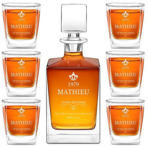Maverton Set Whisky personnalisable - Ensemble de Carafe en verre de 810 ml et 6 verres de 250 ml pour lui - meilleur copain - Service Whiskey pour papa - Cadeau anniversaire homme - Millésime