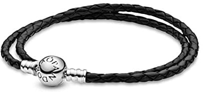Pandora Moments Double Woven Leather Bracelet with Silver Clasp - Compatible Moments Charms - Gift for Her - Sterling Silver - With Gift Box, 15.0 (Pack of 1), Sterling Silver Leather, no gemstone