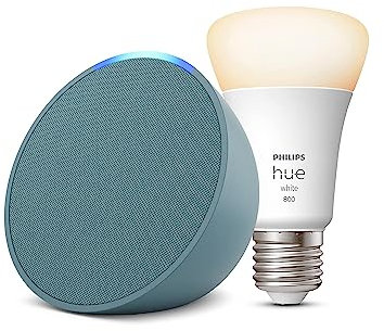 Echo Pop | Verde petrolio + Philips Hue White Lampadina LED Smart (E27), compatibile con Alexa - Kit di base per Casa Intelligente