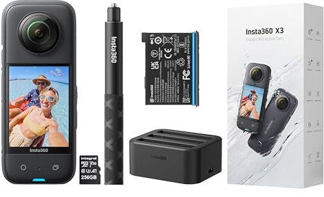 Insta360 X3 - Cámara de acción Impermeable de 360 Grados, Palo Invisible para Selfie, batería, concentrador de Carga rápida y Tarjeta de Memoria MicroSDHC de 256 GB