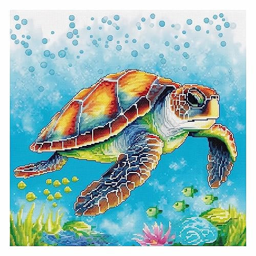Cukol Schildkröte Kreuzstich Set Vorgedruckt, Stickvorlagen Stickbilder Vorgedruckt Kreuzstich Stickpackungen Stickpackung Cross Stitch Embroidery Kit Stickset Sticken Set Erwachsene Anfänger 40x40 cm