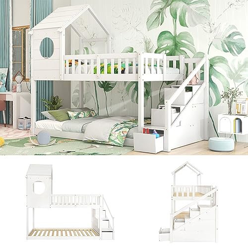 kubeier Kinderbett Etagenbett 90 x 200 cm mit Lattenrost und Schublade, Hochbett Weiß Holz Kiefer Absturzsicherung Doppelstockbett Jugendbett, ohne Matratze, weiß