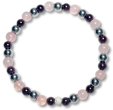 Majas Perlen Armband Fruchtbarkeit Rosenquarz Granat Hämatit echt 6mm mit 925er Sterling Silber 5mm facettiert - Größe 16 bis 18cm - Handmade Perlenarmband - Spiritueller Schmuck Unisex