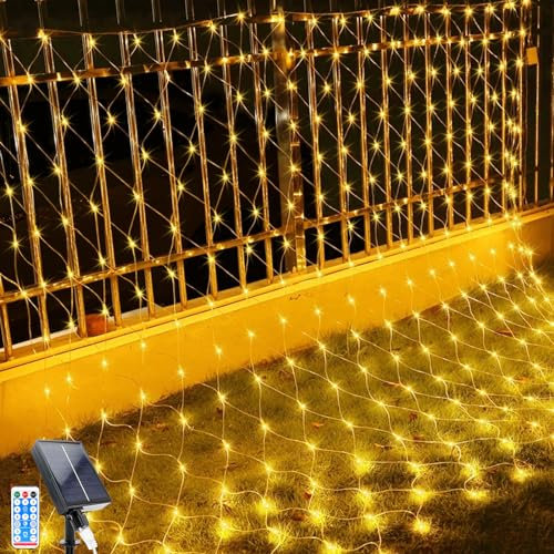 Solar Lichterkette, 2x3m LED Lichternetz Lichterkette , 192 LEDs 8 Modi Weihnachtsbeleuchtung Außen Wasserdicht Lichternetz mit Fernbedienung Timer für Geburstag, Hochzeit (2*3M, Warmes Weiß)