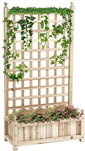 Outsunny Garden Planters with Trellis for Climbing Vines, Wooden Raised Beds for Garden, Free Standing Flower Pot, Indoor Outdoor Display Rack, 64 x 28 x 120 cm, Natural