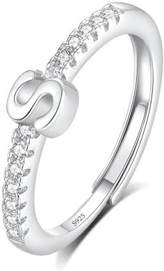 INFUSEU Anillo Inicial, 925 Plata De Ley Ajustable Letra S Anillos Apilables Alfabeto Mayúscula Joyería Personalizada Cumpleaños Regalo Dama Mujeres Niñas
