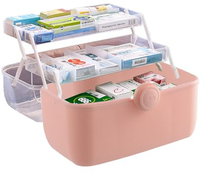 ANMOO Lockable Medicine Storage Box, 3-Tier First Aid Box with Portable Handle, Clear Plastic Organizer for Home, Travel, Emergency (Pink)