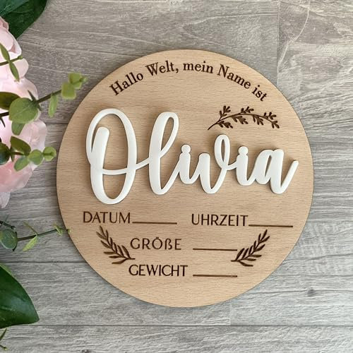 Personalisiert Baby-Ankündigung Schild mit Name, Willkommensschild für Neugeborene, Neugeborenes Baby, Holzschild, Neugeborenen-Geschenk zur Geburt, Meilenstein, Hallo Welt, Babygeschenk (Design 2)