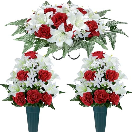 SIFOEL Fleur Artificielle pour Pierre tombale, Fleurs de cimetière, Bouquets de lys Roses artificiels pour décoration extérieure de Pierre tombale. (Lys Blanc, Fleurs Selle & Bouquets)