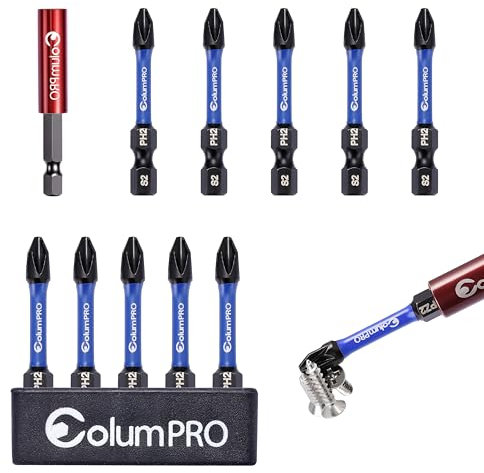 ColumPRO 11PCS Screwdriver Bit Set, 10PCS x 50mm S2 PH2 Screwdriver Impact Bits with 1PC 60mm 1/4 Inch Hex Shank Extension Bit Holder.