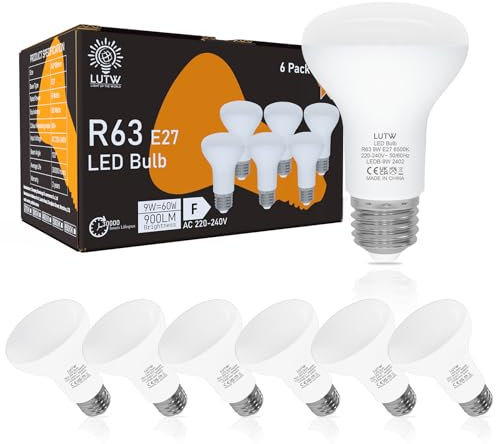 LUTW R63 Reflector E27 LED Bulb, 9W E27 Screw Bulb Warm White 3000K, Equivalent 60W R63 E27 LED Spotlight Bulbs, 900LM 120° Beam Angle Energy Saving Light Bulbs, Non-Dimmable, Pack of 6