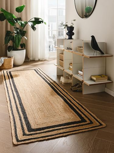 benuta Pure Jute Teppich Jutta - Schwarz 80x250 cm - Handgewebter Wohnzimmerteppich - Natürliches Boho Design - Für Fußbodenheizung geeignet