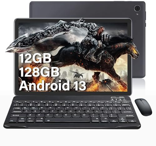 Tablet 10 Pollici Android 13, 12 GB RAM + 128 GB ROM, 1 TB Espandibile, Certificato GMS, Octa-Core, 1280 x 800 IPS, 6000 mAh, Doppia Camera, WiFi, Bluetooth 5.0, Tablet con Tastiera e Mouse, Nero