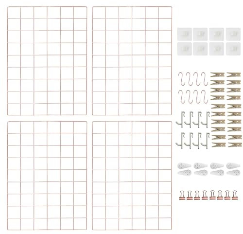 CIKLCIX Lot de 4 panneaux muraux en grille métallique or rose, organiseur de photos en grille, 44 x 29 cm, cadre photo en grille, tableau mémo en maille métallique avec clips et crochets
