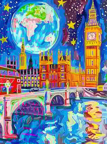 Cross & Glory - Starry Night in London - 1000 Piece Jigsaw Puzzle | Vibrant Art of Big Ben & Red Double Decker