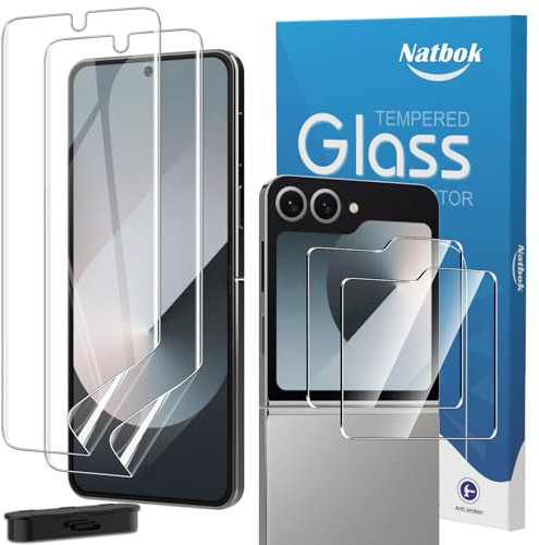 Natbok 2 Pcs Front Tempered Glass Screen Protector for Samsung Galaxy Z Flip 7FE/ 6 + 2 Pack Flexible TPU Inside Screen Protector,Ultra Resistant,No Bubbles for Galaxy Z Flip 7FE/6 Protector Film