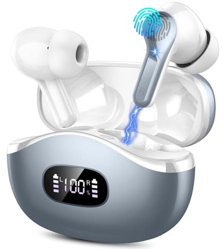 Bluetooth Kopfhörer, Kopfhörer Kabellos Bluetooth 5.3 mit 4 ENC Noise Cancelling Mics, In Ear Kopfhörer Bluetooth Tiefer Deep Bass, 40H Kabellose Kopfhörer IP7 Wasserdicht Earbuds LED Ohrhörer, Grau