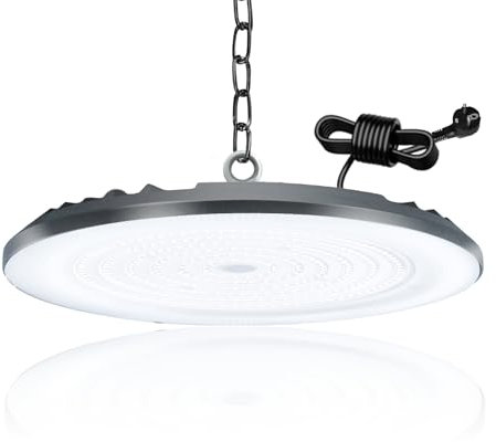 BOSITE UFO Werkstattlampe 200W, 20000LM Deckenleuchte, 6500K Kaltweiß, IP65 Wasserdicht High Bay Light für Lagerhaus, Fabriken, Garage