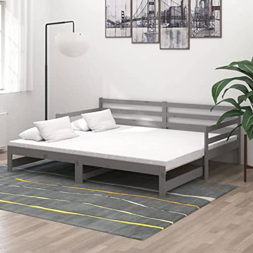 IKAYAA Schlafsofa Ausziehbar, Ausziehbett, Bett Ausziehbar, Ausziehbares Bett, Bett Zum Ausziehen, Ausziehbares Tagesbett Grau Massivholz Kiefer 2X(90x200) cm